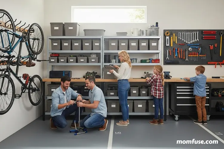 A clean, organized garage with shelves, hooks for bikes, labeled bins, and a happy family working together.