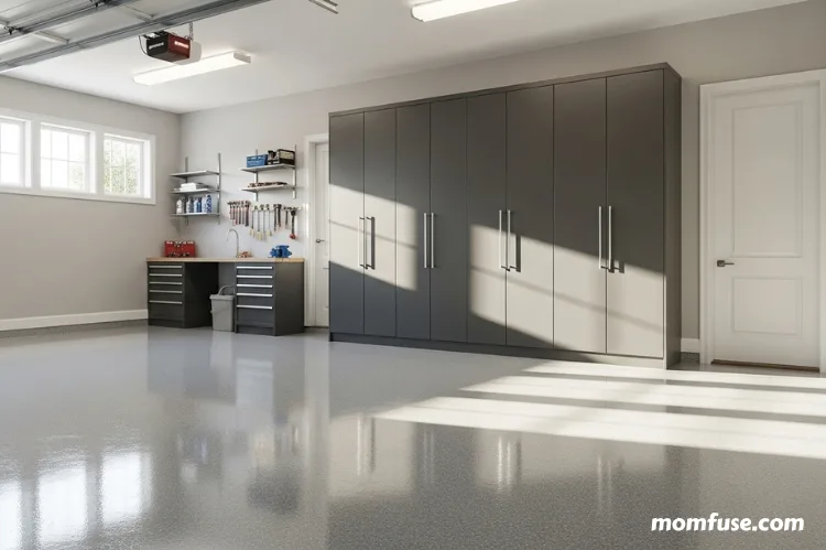 A modern, clean garage with smart storage cabinets, epoxy flooring.