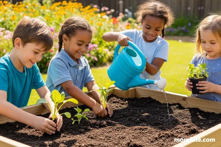 Children planting and watering a raised garden bed.