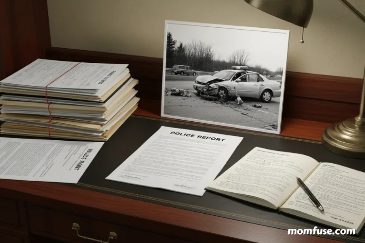 A desk with neatly arranged legal documents a notepad, and a photo of an accident scene.