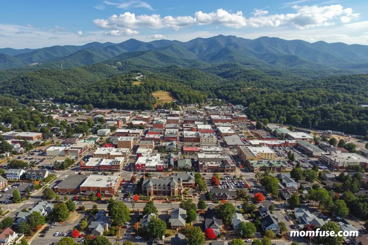 Aerial view of Gatlinburg Tennessee with Smoky Mountains in the background.