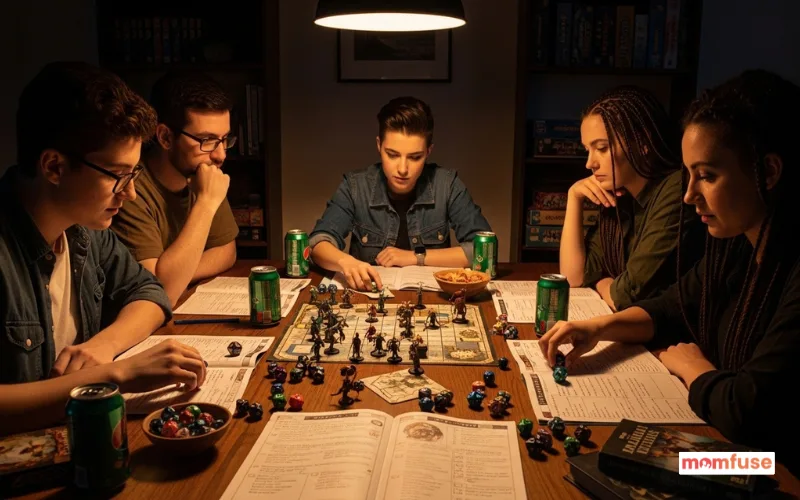 friends playing tabletop RPG game around table with dice and character sheets.