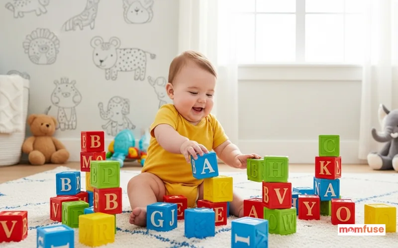 Baby playing with colorful alphabet blocks on the floor, bright nursery background.