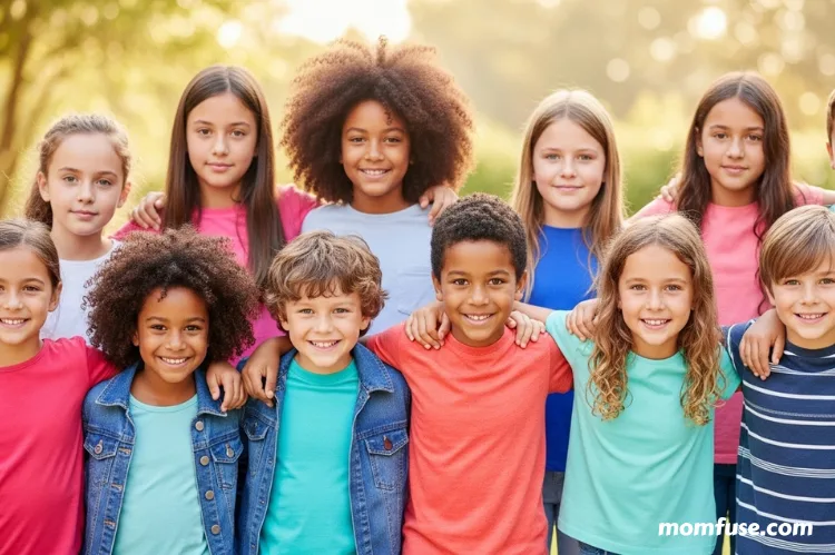 A diverse group of children standing together, united and confident.