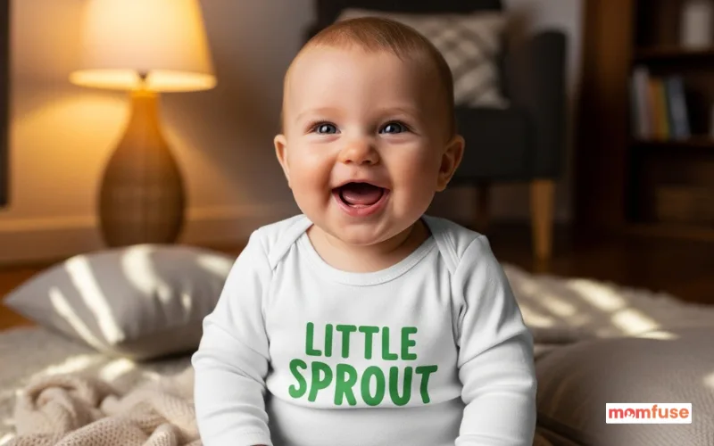 Laughing baby wearing a cute personalized nickname shirt, cozy indoor setting, soft warm lighting.