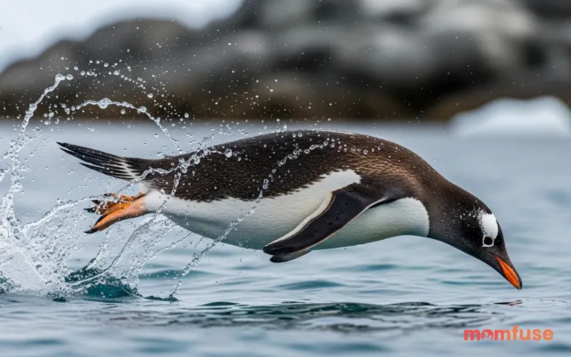 Gentoo penguin diving into water, splash moment, fast motion capture, crisp detail, natural environment