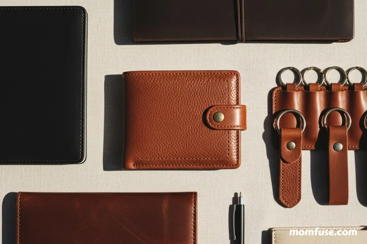 A flat lay of high-quality leather goods including a brown wallet.