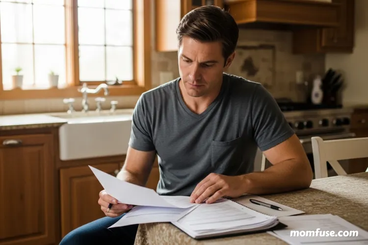 A man at a kitchen table reviewing property documents.