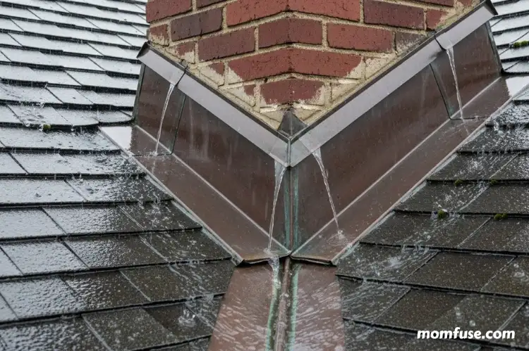 Ultra-realistic close-up of roof flashing around a chimney and valley. Water visibly channels downward during light rain.