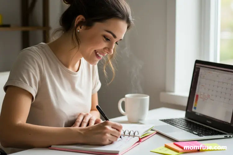 A mom writing a to-do list in a planner with a laptop, coffee cup, and sticky notes on the desk.