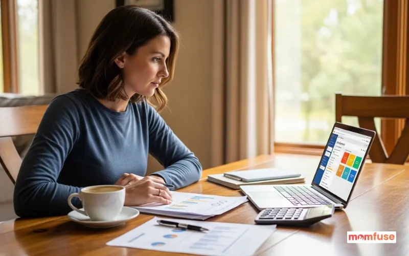 woman reviewing finances, calculator, laptop, budget planning at home.