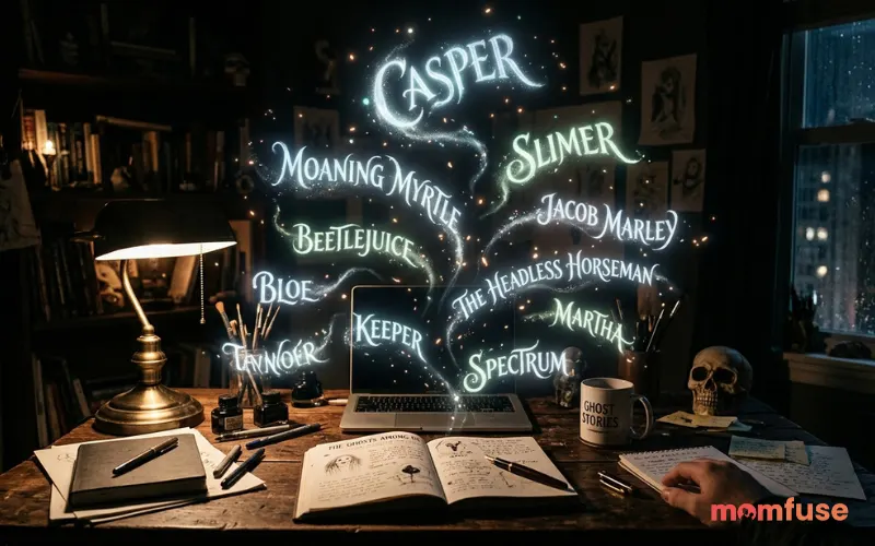 Creative desk with floating glowing words and letters forming ghost names, dark aesthetic, realistic lighting
