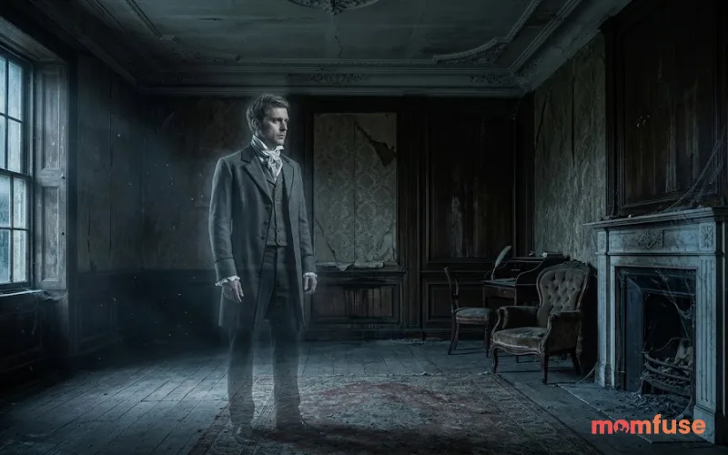 Mysterious male ghost in old-fashioned clothing standing in abandoned mansion, shadowy lighting, realistic textures, cinematic mood