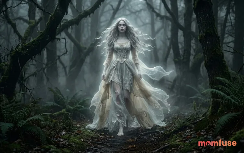 Elegant female ghost in vintage dress standing in misty forest, soft glow, long flowing hair, cinematic lighting, realistic gothic style