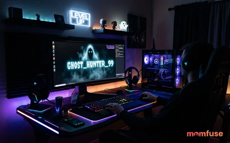 Modern gaming desk with RGB lights, screen displaying ghost-themed username, dark room, neon glow, realistic setup