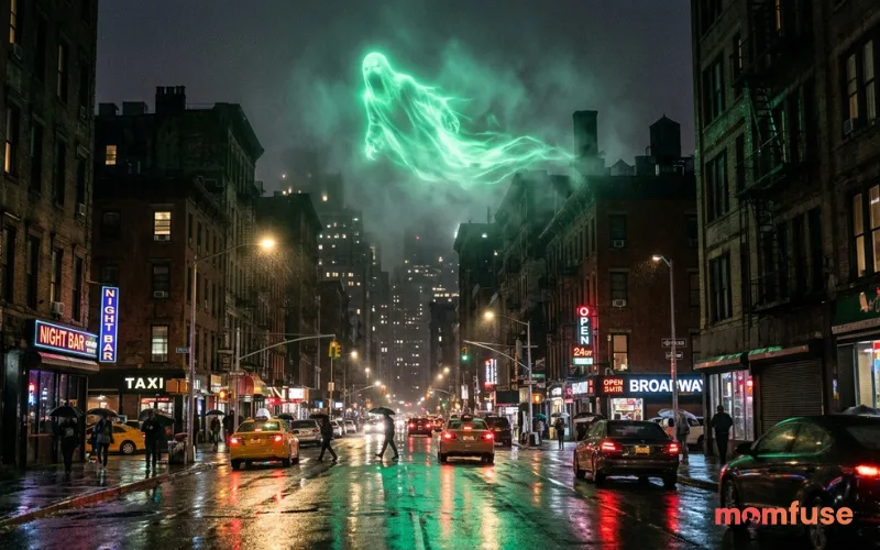 City street at night with glowing green ghost floating above buildings, mist and lights reflecting on wet road, cinematic realism