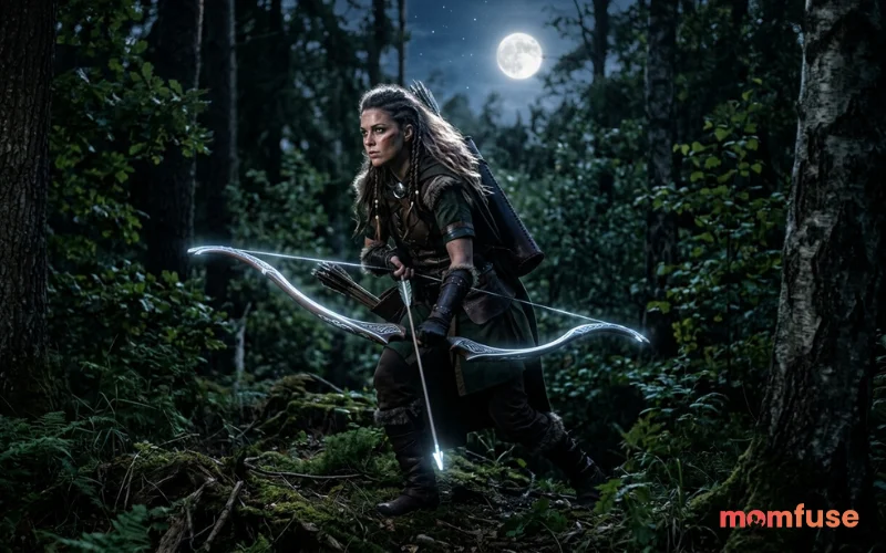 “fierce huntress inspired by Artemis, glowing bow, moonlit forest, elegant fantasy style”
