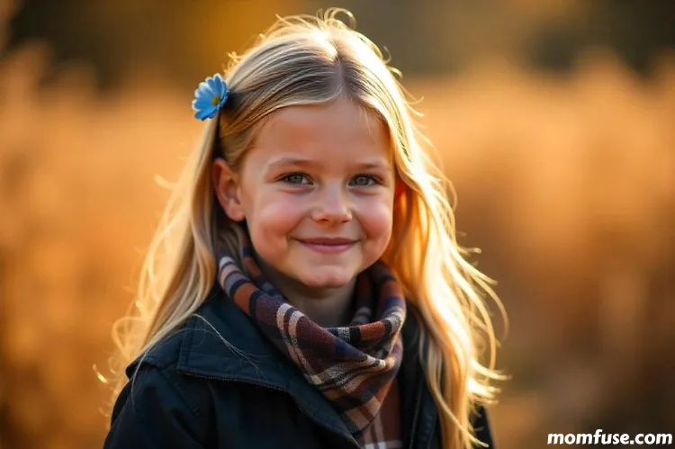 A young girl with long blonde hair and a gentle smile, wearing a dark jacket and a plaid scarf.