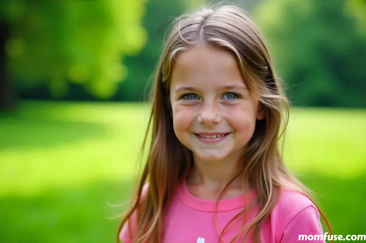 A child girl with long, light brown hair and blue eyes smiles at the camera.