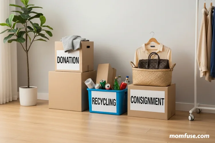 A decluttered room with organized labeled boxes for donation, recycling, and consignment.