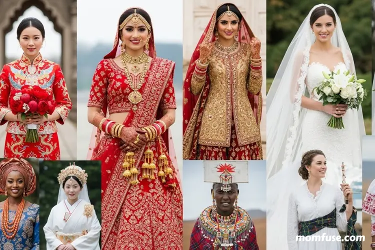 Cultural collage of brides from around the world wearing traditional wedding attire.