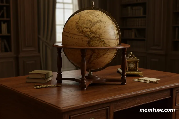 A classic antique globe on a stylish wooden desk.