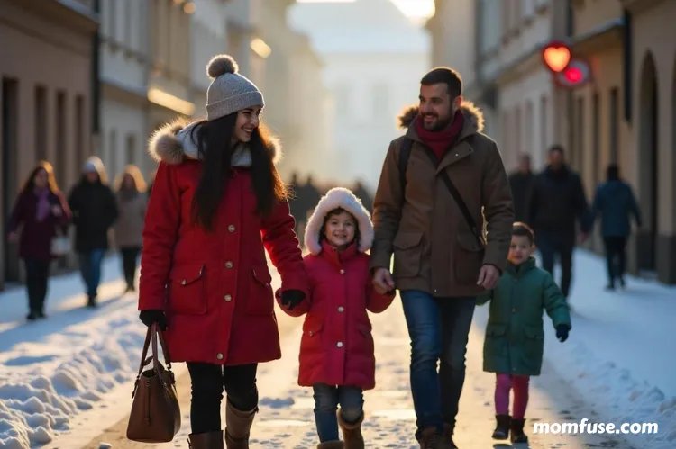  A cheerful family of four dressed in winter coats walking together down a snowy city street.