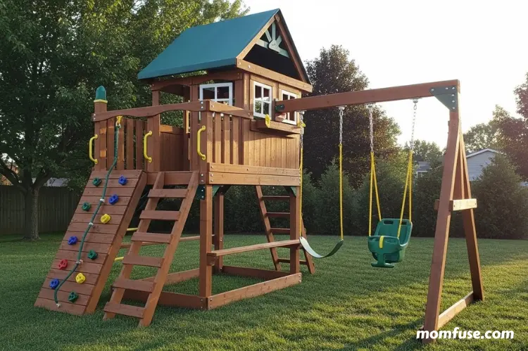 Family-friendly backyard playset made from pre-stained metal, featuring shaded fort, climbing wall, and slide.