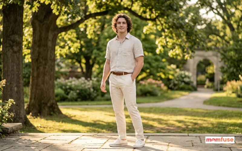fit young man with curly hair, confident expression, wearing light neutral clothing, standing in sunlit outdoor setting.