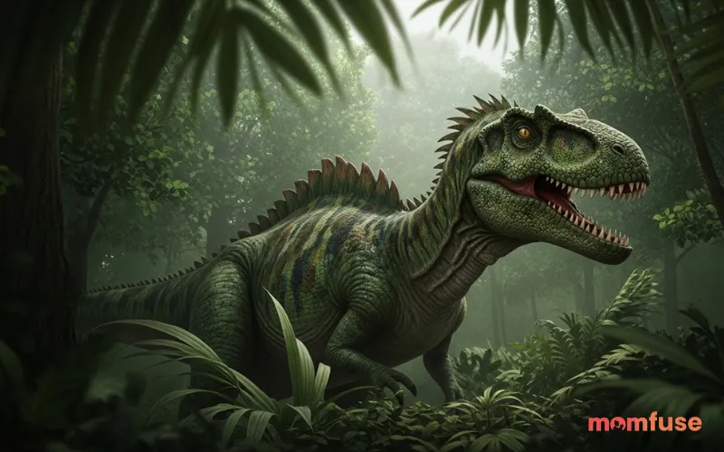 Green dinosaur blending into jungle foliage, natural camouflage, sunlight filtering through leaves, realistic