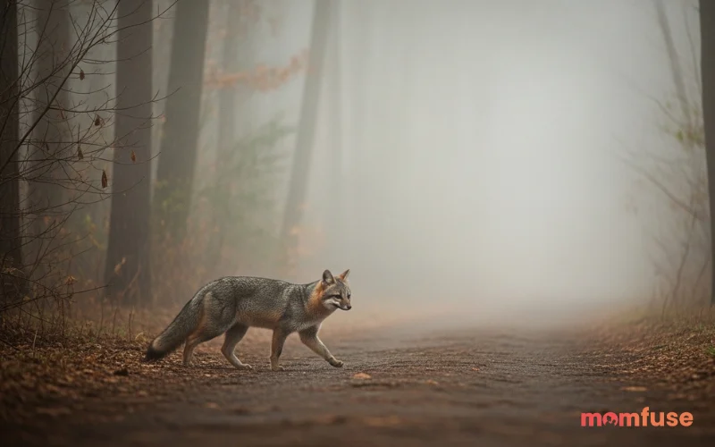 “grey fox walking through misty forest, fog atmosphere, muted tones, realistic wildlife shot”