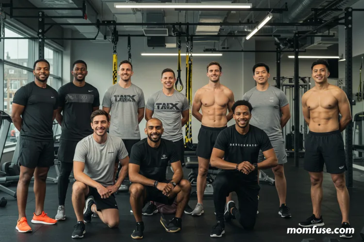 A diverse group of gym trainers in a modern fitness studio, smiling confidently.