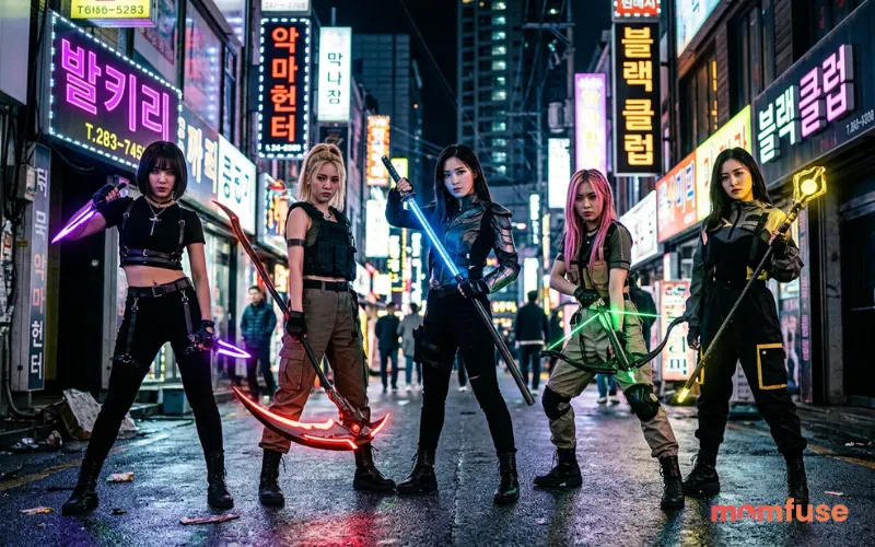“K-pop demon hunter girl group, stylish outfits, neon lights, powerful poses, glowing weapons, cinematic anime style, 4k”