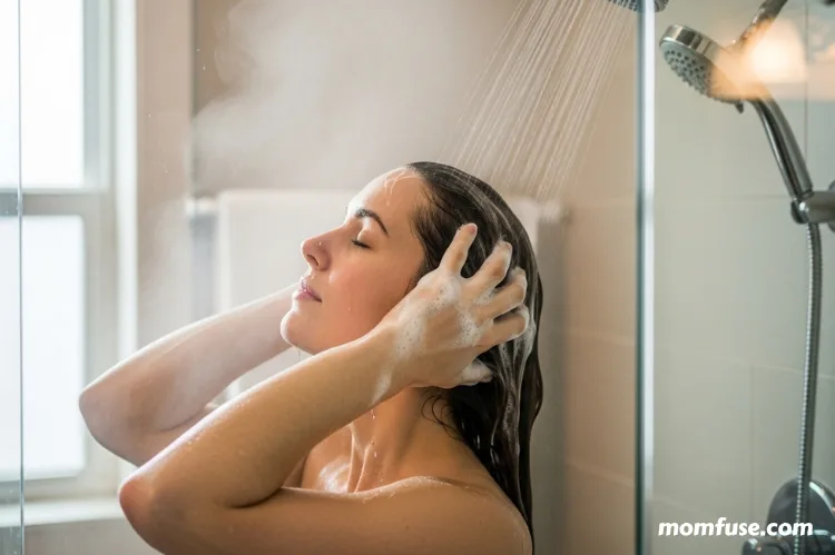Hot shower steam with woman washing hair, winter bathroom setting.