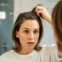 A woman gently examining thinning hair in a mirror.