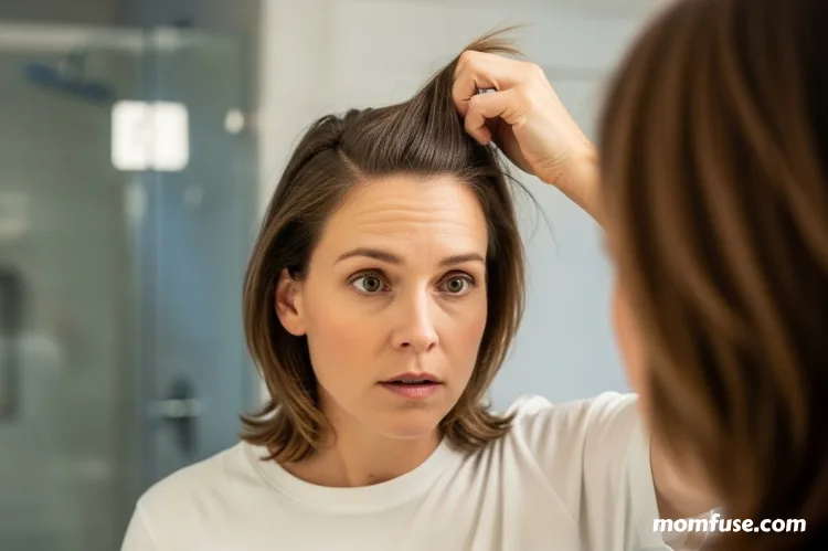 A woman gently examining thinning hair in a mirror.