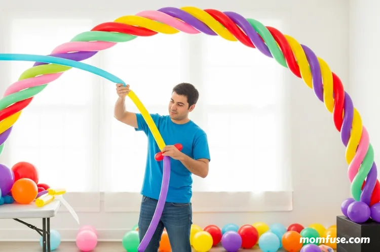 A man using balloon decorating strips to create an arch.
