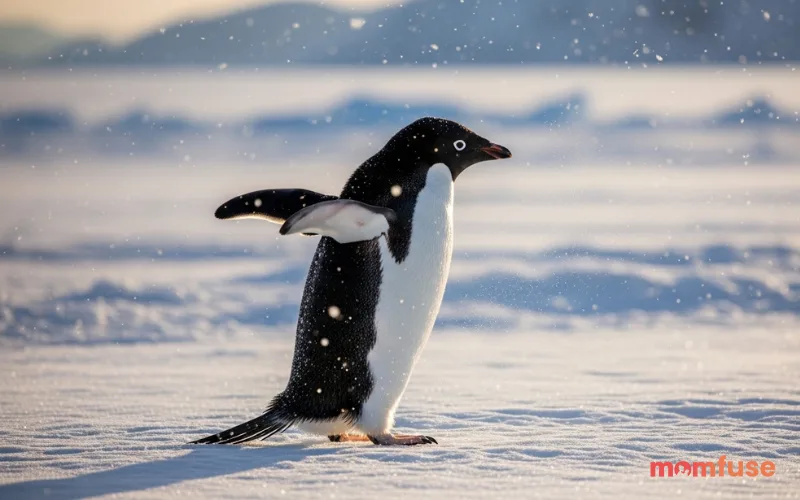 Penguin with wings slightly raised as if dancing, snowy environment, lively posture, natural light, realistic wildlife photography