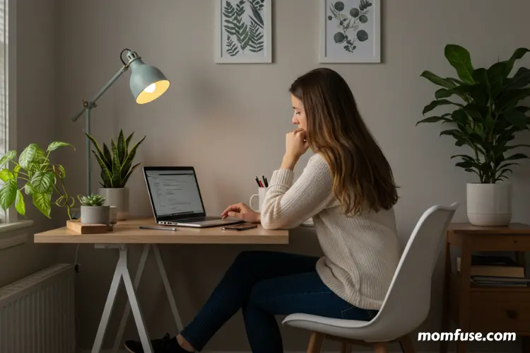 Modern cozy home office corner with a desk, laptop, plants, and good lighting, a mother sitting.