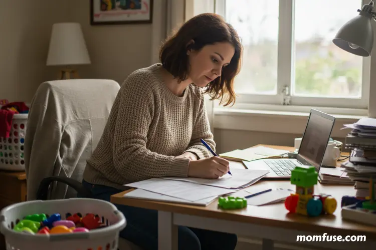 A work-from-home mom sitting at a desk with papers, laundry basket, and kids’ toys nearby.