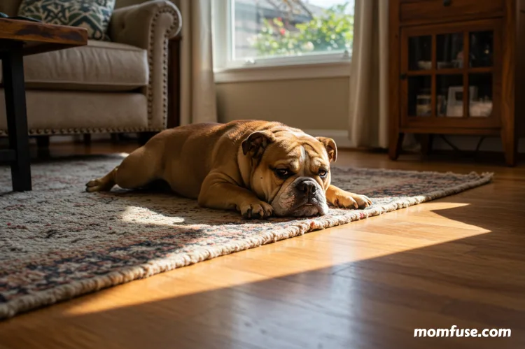 An English Bulldog resting comfortably in a home.