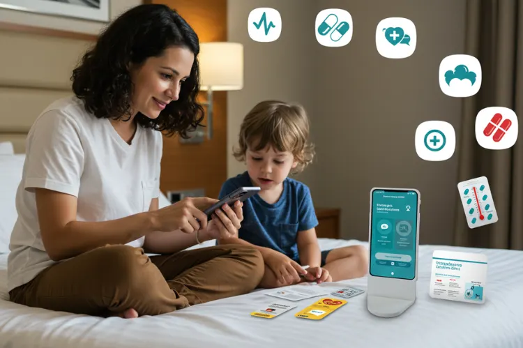 A mom sitting on a hotel bed using a telemedicine.