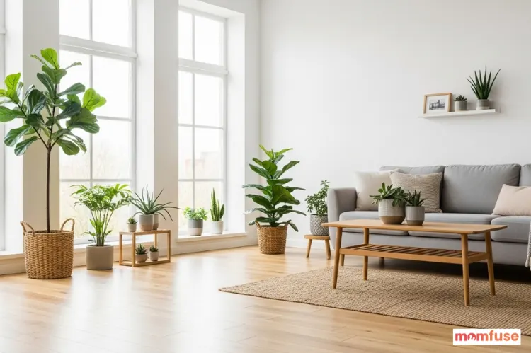 Bright living room with natural wood floors, large windows, indoor plants, clean fresh atmosphere.