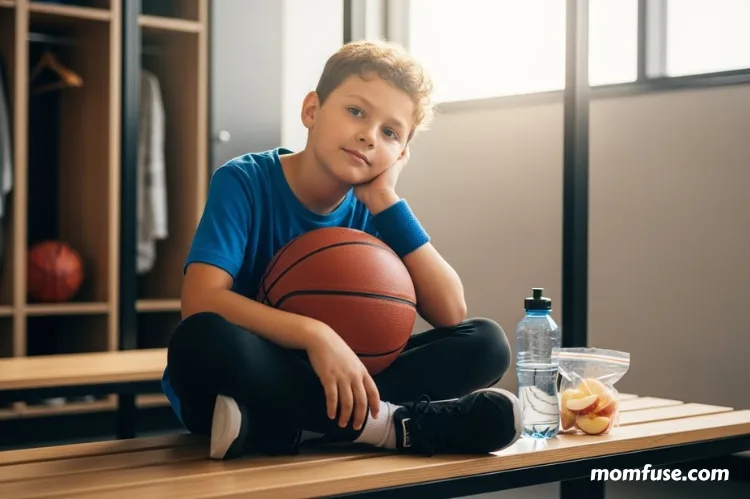 A reflective image showing a child athlete resting after practice.