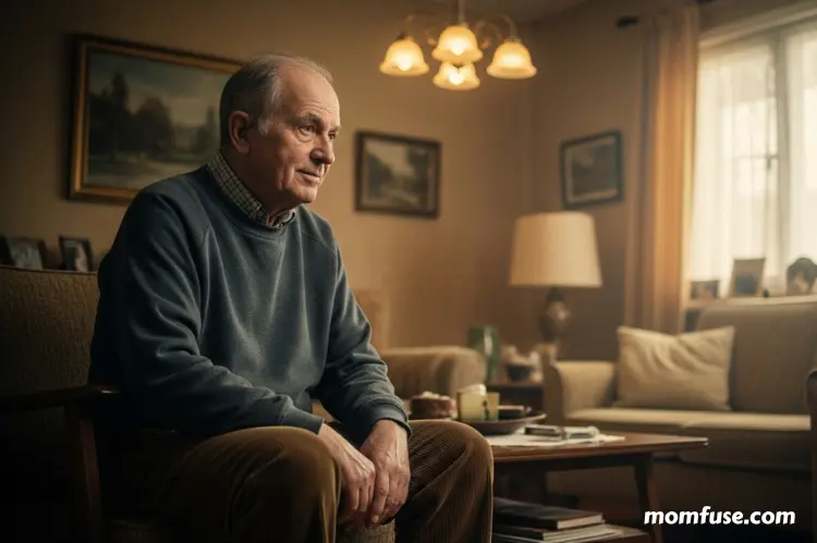 A man sitting alone in a softly lit living room in hearing loss.