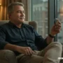 A thoughtful middle-aged man sitting by a window, holding a hearing aid in his hand.