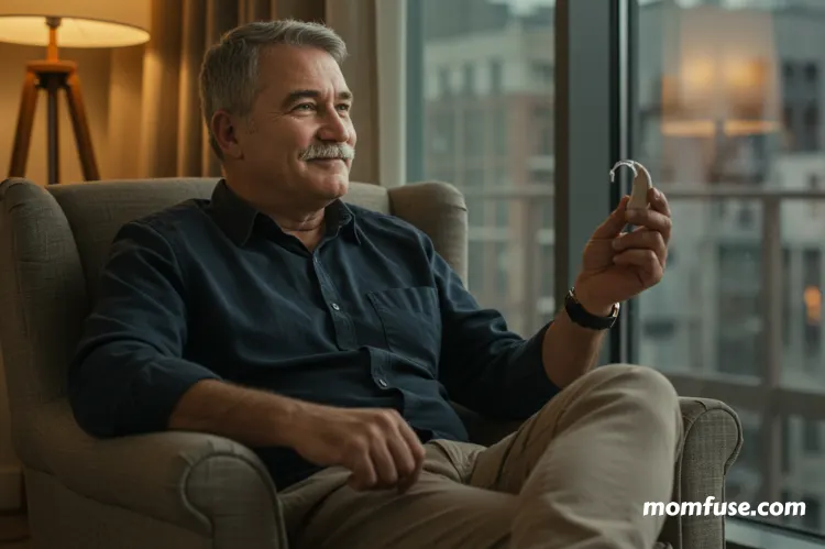 A thoughtful middle-aged man sitting by a window, holding a hearing aid in his hand.