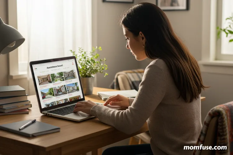 A student browsing a laptop with an apartment rental website open.