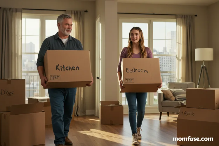 A parent and young adult carrying moving boxes into a new apartment.