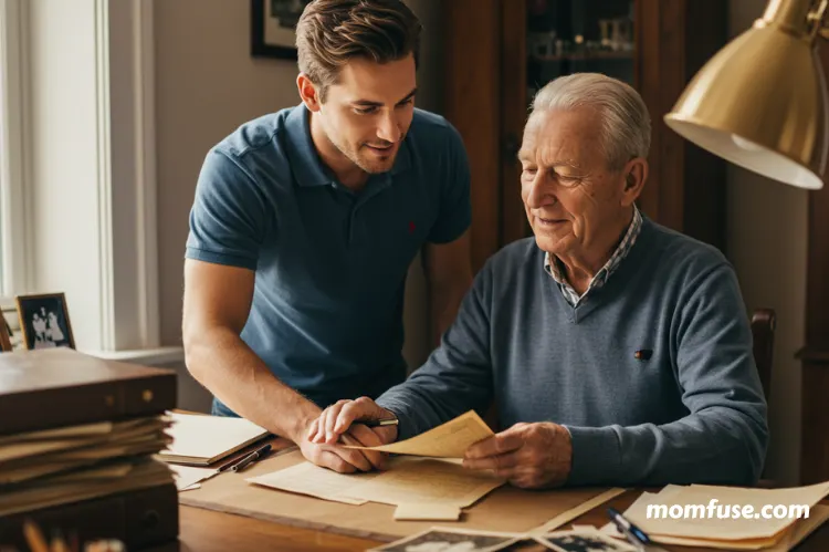 Adult son helping his elderly father organize papers at a desk.